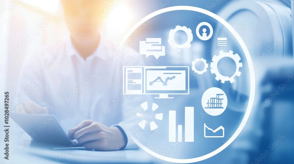 Business professional analyzing data with digital tools, showcasing modern technology and strategic planning.