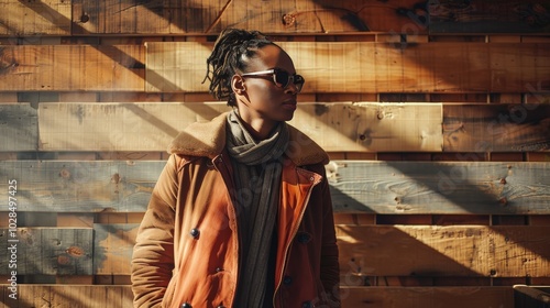 Fashion photoshoot featuring a stylish individual against a rustic wooden backdrop, radiating confidence.