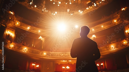 A dramatic close-up of a Broadway performer singing on a beautifully lit stage