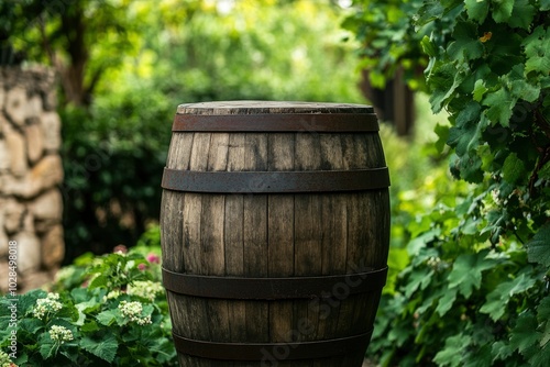 wine on wooden barrel on green garden terrace - generative ai