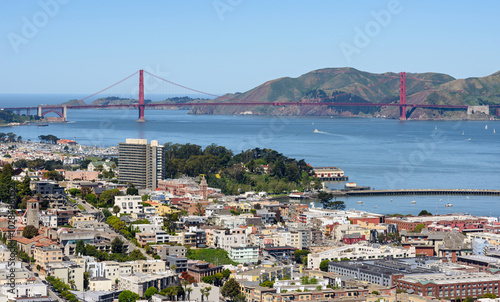 Panoramic view of San Francisco and the famous Golden Gate Bridge from Coit Tower, California, USA. photo