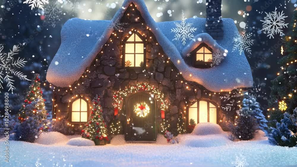 Christmas house in snowy landscape, decorated with lights and festive ornaments. Christmas house in snowy landscape, decorated with lights and festive ornaments.