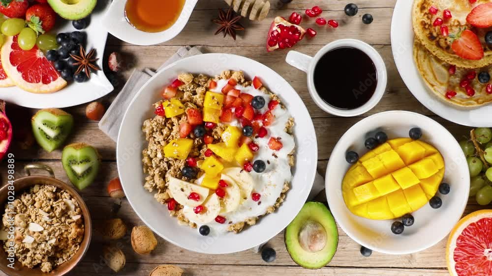 healthy breakfast food table with muesli, fresh fruits, pancakes and coffee cup healthy breakfast food table with muesli, fresh fruits, pancakes and coffee cup