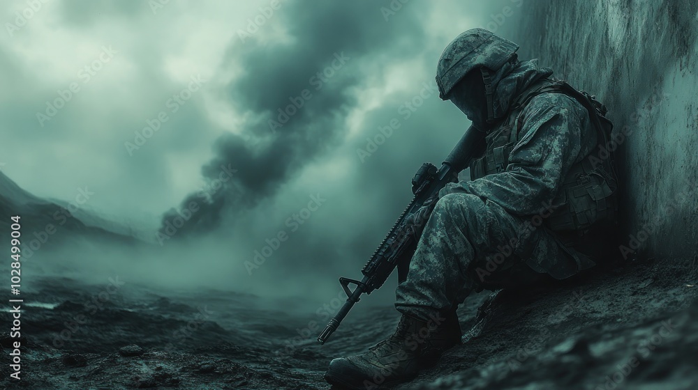 Soldier resting in a war-torn landscape amidst smoke and fog. Soldier resting in a war-torn landscape amidst smoke and fog.