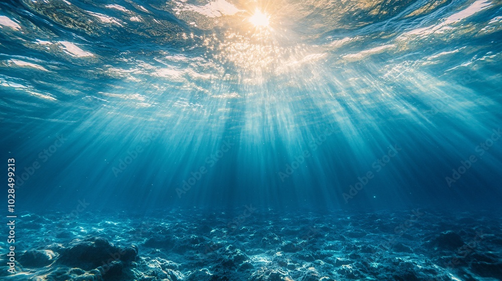 Naklejka premium 2410_135.a calm underwater world, viewed from below the surface, where sunlight gently filters through, illuminating the clear blue water with radiant light beams the surface above shimmers with soft