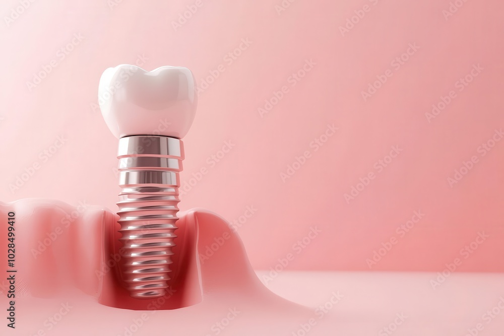 Bright dental implant above soft pink gumline, light pink gradient background, dental hygiene, balanced blend of technology and beauty Bright dental implant above soft pink gumline, light pink gradient background, dental hygiene, balanced blend of technology and beauty