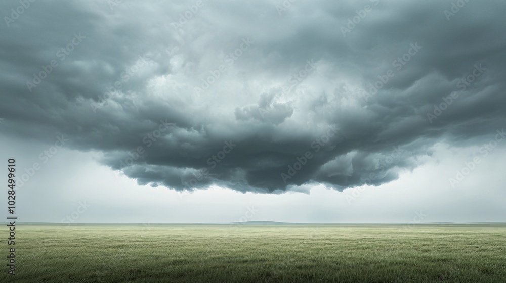 Thunderclouds forming over a vast plain, stormy weather, tension in the air Thunderclouds forming over a vast plain, stormy weather, tension in the air