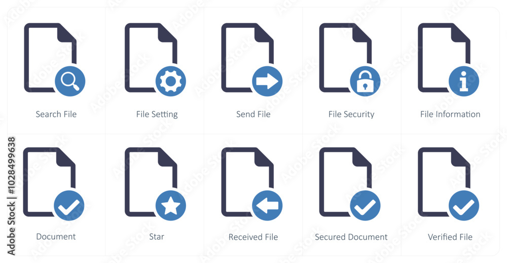 A set of 10 file icons as search file, file setting, send file A set of 10 file icons as search file, file setting, send file