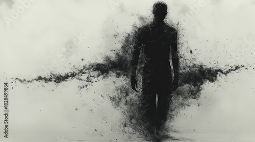 A silhouette dissolving into a cloud of dark particles.