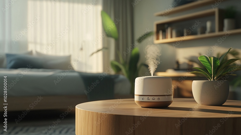 2410_036.aroma diffuser releasing soft mist on a wooden table, modern minimalist design, small potted plant beside, cozy bedroom in the background, soft focus on pillows and shelves, warm and 2410_036.aroma diffuser releasing soft mist on a wooden table, modern minimalist design, small potted plant beside, cozy bedroom in the background, soft focus on pillows and shelves, warm and