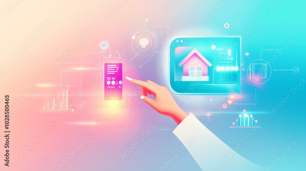 A hand interacts with a digital interface showcasing smart home technology, blending vibrant colors and futuristic graphics. A hand interacts with a digital interface showcasing smart home technology, blending vibrant colors and futuristic graphics.