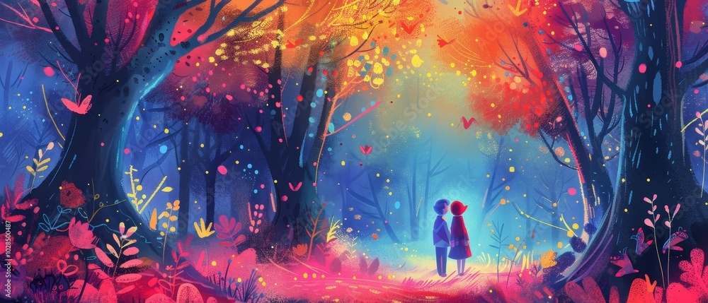 Obraz premium Two Figures in a Colorful Enchanted Forest Scene