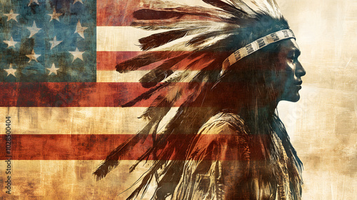 Native American Indian man wearing a tribal headdress of feathers. Artwork, digital art portrait. Native American Heritage Month photo