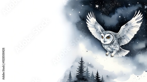 A Snowy Owl's Midnight Flight: A captivating watercolor painting of a snowy owl soaring through a starlit night sky. Halloween. Drawing. Art. Illustration. Copy Space. 3