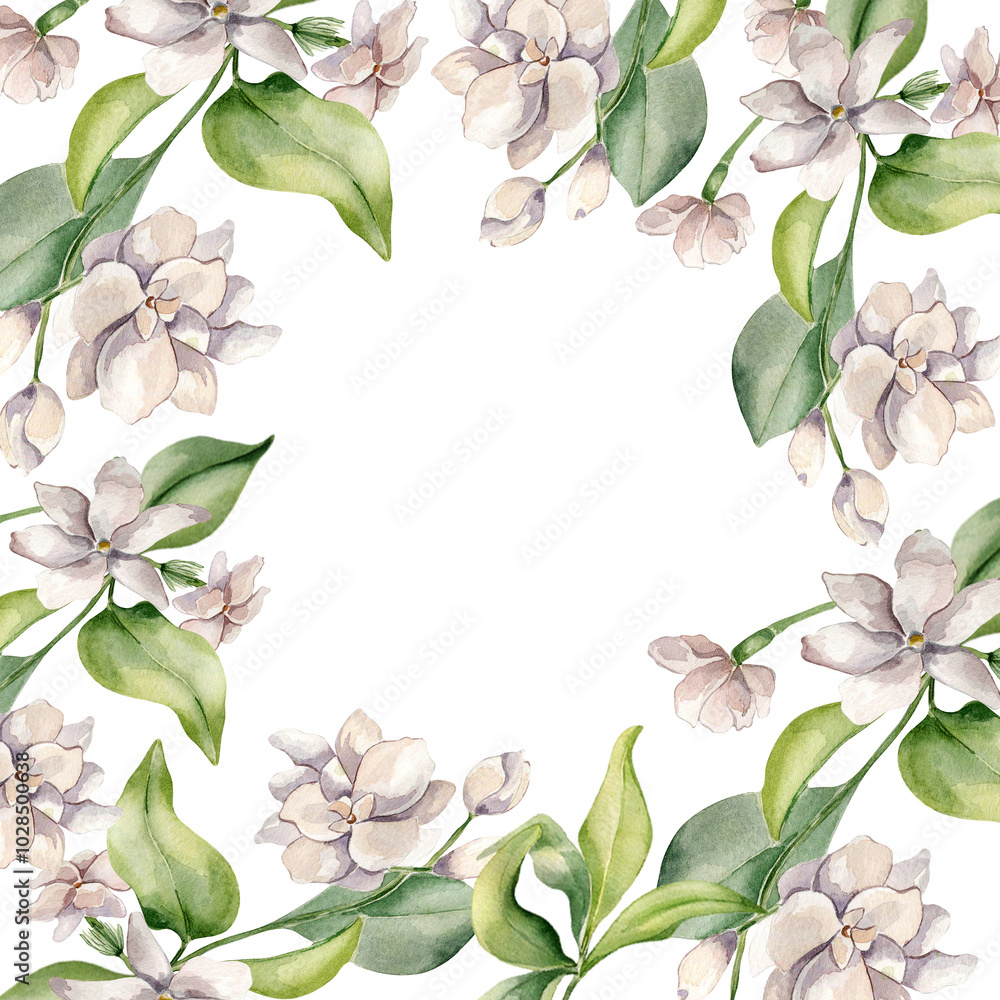 Frame of Jasmine flowers in watercolor botanical sketch isolated. Floral plants in soft pink tones hand drawn. Bloom of camellia on leaves painted for design label, package, branding, stationery. Frame of Jasmine flowers in watercolor botanical sketch isolated. Floral plants in soft pink tones hand drawn. Bloom of camellia on leaves painted for design label, package, branding, stationery.
