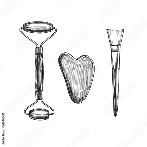 Vector hand-drawn illustrations of facial spa set isolated on white. Sketch of accessories for SPA in engraving style.
