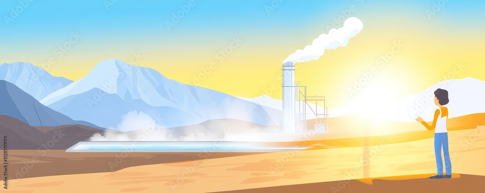 Obraz premium A scenic view of a person admiring nature with a geothermal plant in the background, showcasing eco-friendly energy production.
