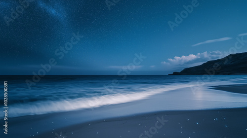 Bioluminescent waves glowing along the shore under a starlit sky photo