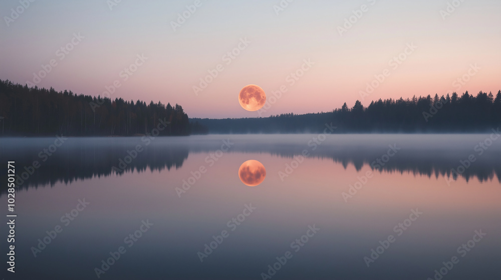 Fototapeta premium Lunar eclipse reflecting off a tranquil lake in the wilderness photo