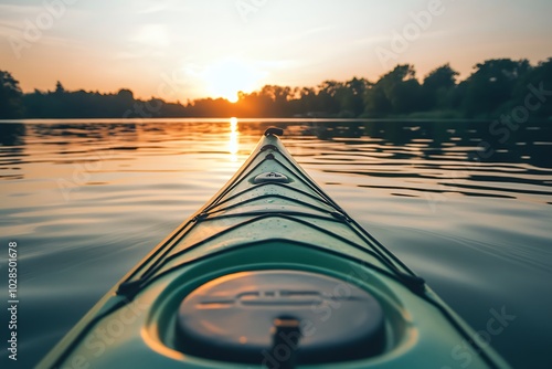 Fototapeta Naklejka Na Ścianę i Meble -  A green kayak on a lake at sunset