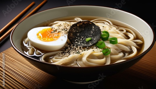濃厚なだし汁に手打ちうどんを盛り、トリュフオイル、すりおろしトリュフ、ネギを飾った半熟卵をトッピング。