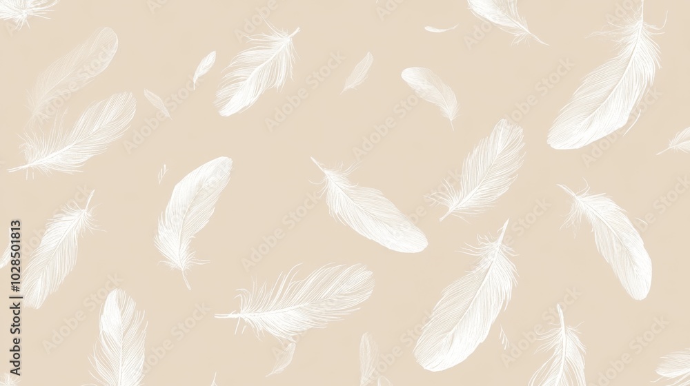 White feathers falling on a light brown background. White feathers falling on a light brown background.