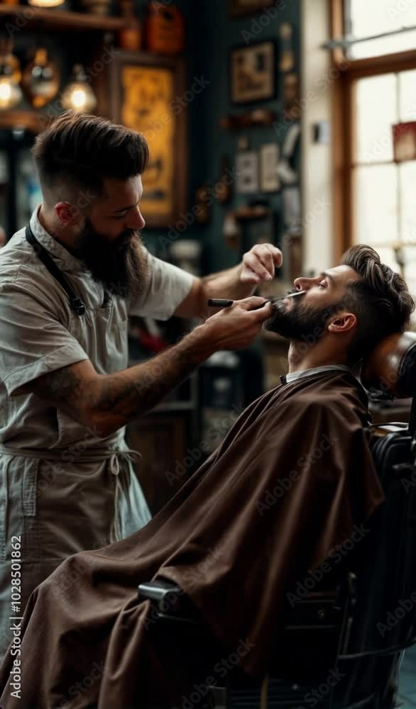 Barber grooming the beard of a young, modern male customer in a classic style barbershop on a sunny day Barber grooming the beard of a young, modern male customer in a classic style barbershop on a sunny day