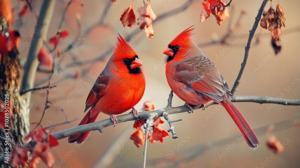 Cardinals: Pair of Northern Songbirds in a Tree, Wild Avian Wildlife Cardinals: Pair of Northern Songbirds in a Tree, Wild Avian Wildlife