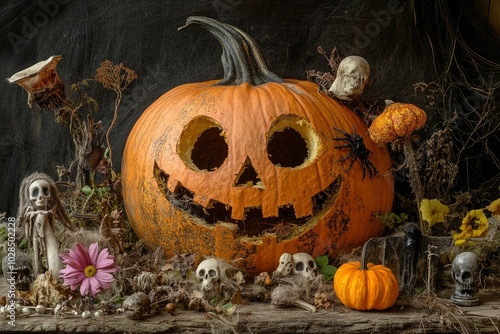 Pumpkin with Halloween objects with generative ai photo