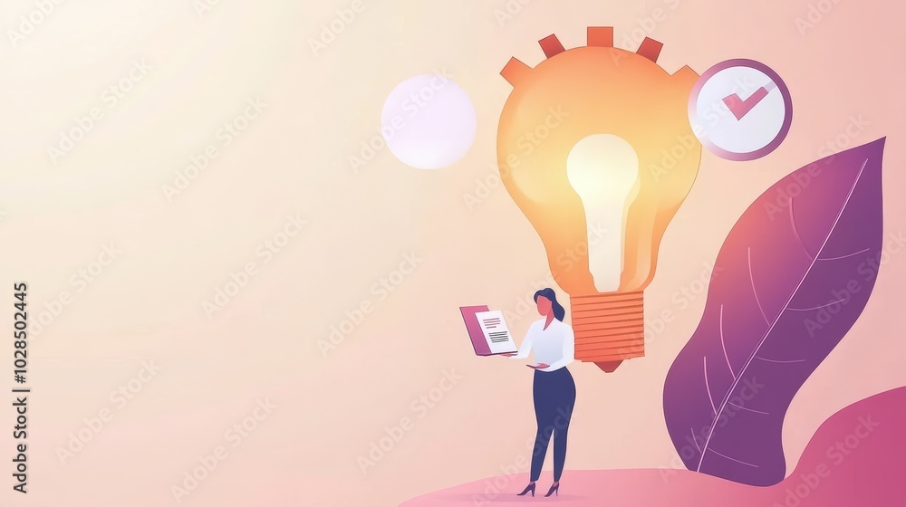 A woman holds a tablet while standing beside a glowing lightbulb, symbolizing innovation and creativity in digital solutions. A woman holds a tablet while standing beside a glowing lightbulb, symbolizing innovation and creativity in digital solutions.