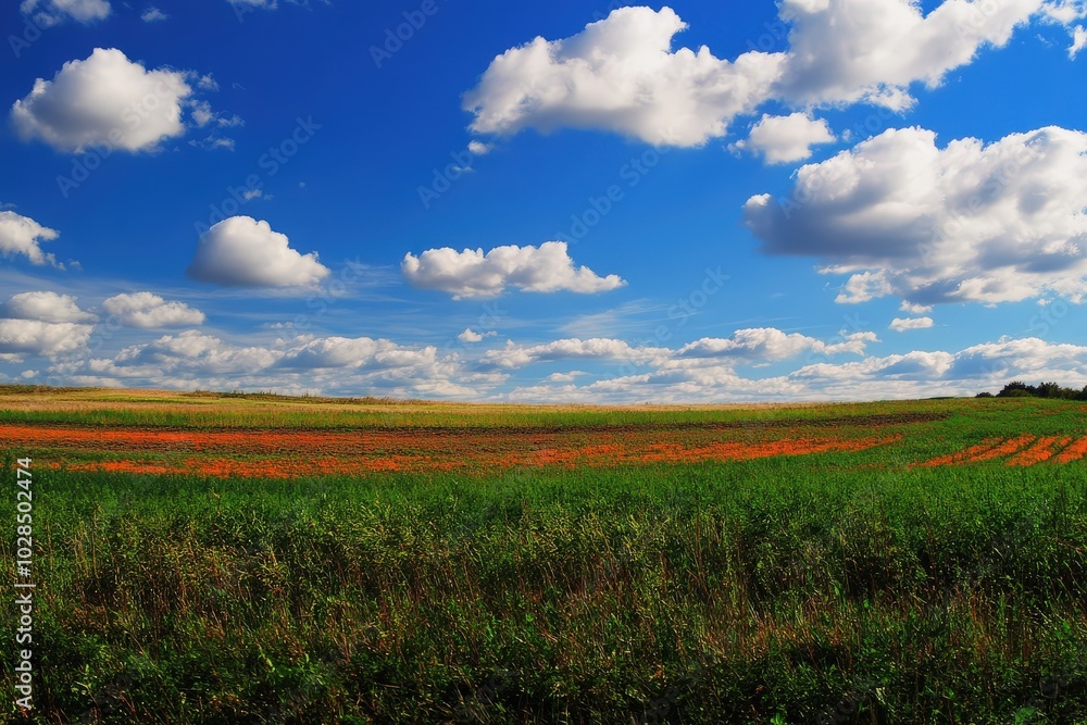Carrot Field in Agricultural Landscape under Blue Sky with White Clouds Carrot Field in Agricultural Landscape under Blue Sky with White Clouds