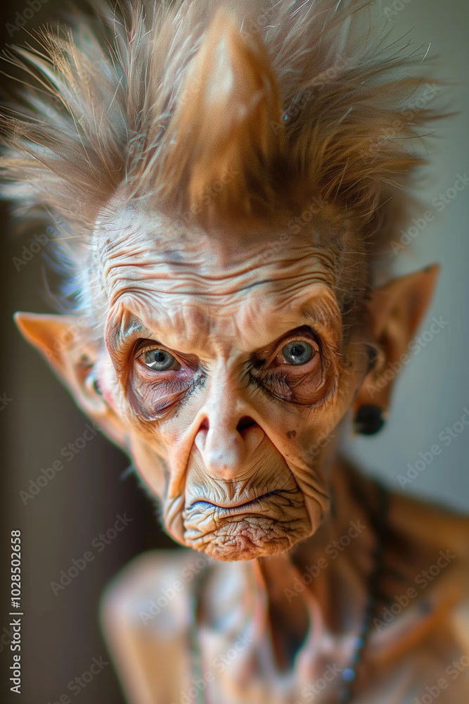 creature of ai // old female gnome with spiky hair and elf ears, looking angry and stern, bokeh, photorealistic creature of ai // old female gnome with spiky hair and elf ears, looking angry and stern, bokeh, photorealistic