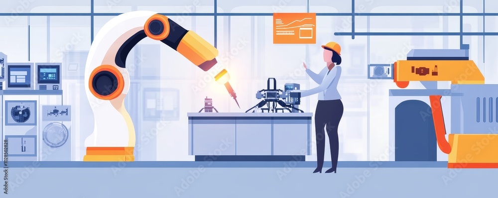 A technician observes robotic arms in a modern factory, showcasing automation and advanced manufacturing technology. A technician observes robotic arms in a modern factory, showcasing automation and advanced manufacturing technology.