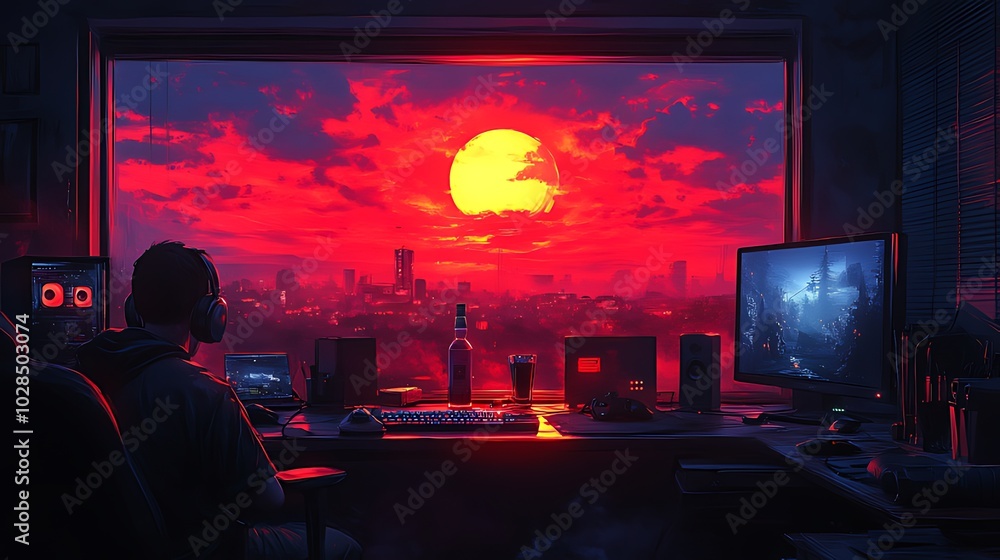 A gamer sits at his desk, looking out the window at a red sunset over a city skyline. A gamer sits at his desk, looking out the window at a red sunset over a city skyline.
