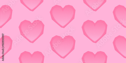 Seamless pop art pattern with heart shapes on pink background. Retro love cover with halftone effect. Vector illustration for textile, wrapping paper, fabric, wallpaper, backdrop, print design