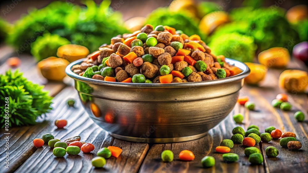 Macro Photography of a Bowl of Dog Food with Textured Kibble, Fresh Ingredients, and Colorful Background for Pet Nutrition, Dog Care, and Animal Health Macro Photography of a Bowl of Dog Food with Textured Kibble, Fresh Ingredients, and Colorful Background for Pet Nutrition, Dog Care, and Animal Health