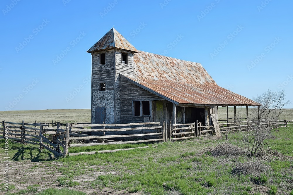 Cattle Pen at Kansas Bazaar in Flint Hills: Industrial Steel Structure Against Blue Sky Cattle Pen at Kansas Bazaar in Flint Hills: Industrial Steel Structure Against Blue Sky