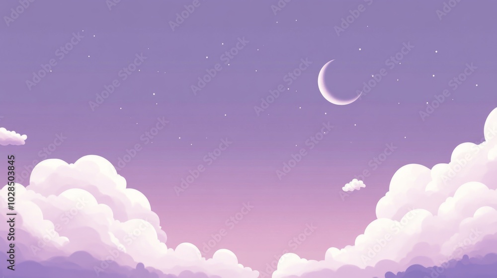 A crescent moon and stars shine in a lavender sky with white clouds. A crescent moon and stars shine in a lavender sky with white clouds.