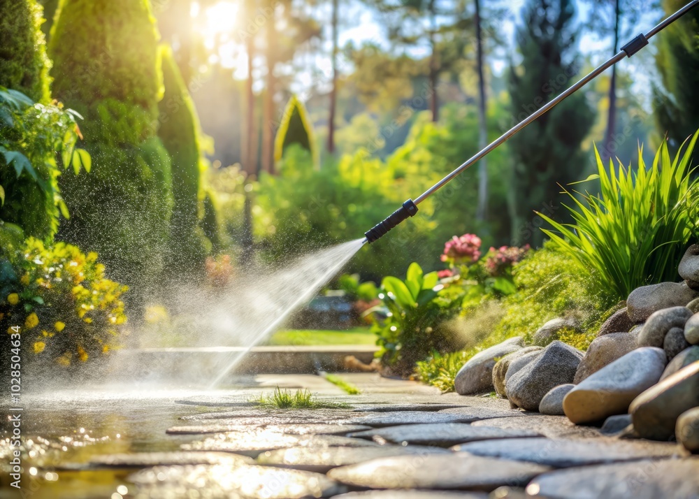 Naklejka premium Minimalist Cleaning Scene: High Pressure Power Washer in Action on Stone Garden Paths for Stunning Outdoor Aesthetics