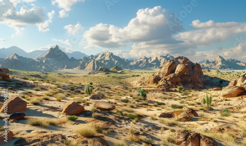 Desert landscape with sandstone formations and distant mountains, 4K hyperrealistic photo