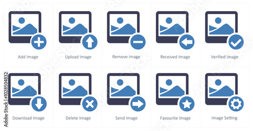 A set of 10 image icons as add image, upload image, remove image