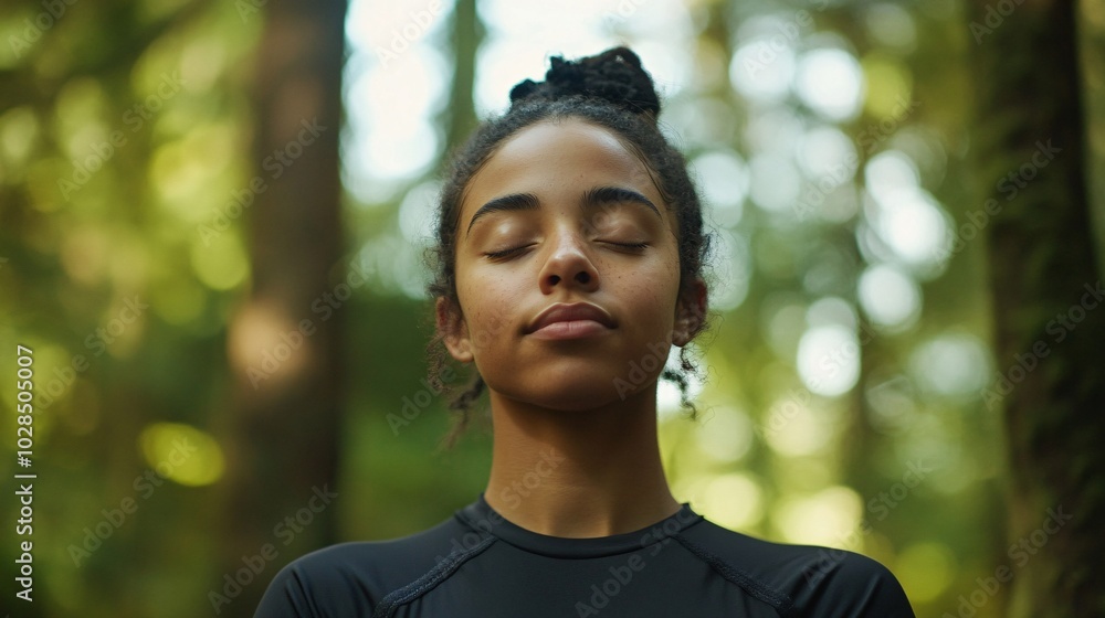 2410_115.a serene moment of a young woman with her eyes closed in the forest, the soft background of trees adds to the calm, meditative mood, her dark workout gear suggesting physical and mental 2410_115.a serene moment of a young woman with her eyes closed in the forest, the soft background of trees adds to the calm, meditative mood, her dark workout gear suggesting physical and mental