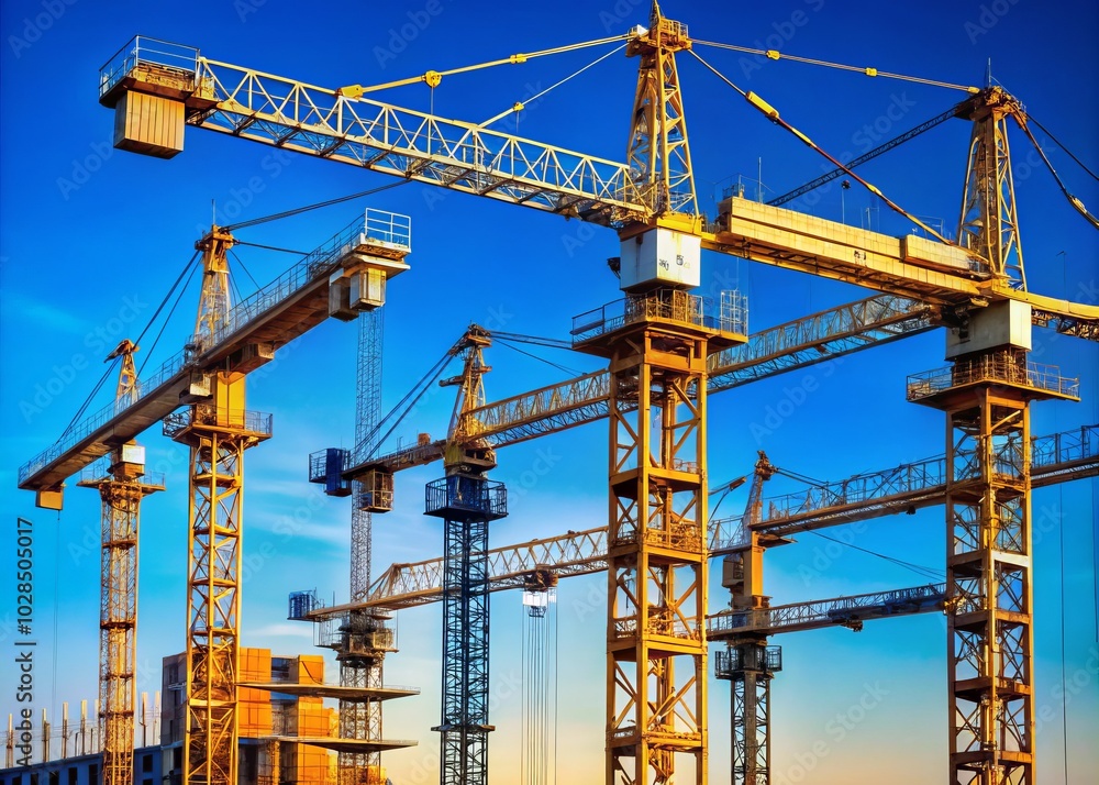 Minimalist Construction Cranes Silhouetted Against a Vibrant Blue Sky – A Modern Urban Landscape, Architectural Beauty, Industrial Design, and Aesthetic Simplicity Minimalist Construction Cranes Silhouetted Against a Vibrant Blue Sky – A Modern Urban Landscape, Architectural Beauty, Industrial Design, and Aesthetic Simplicity