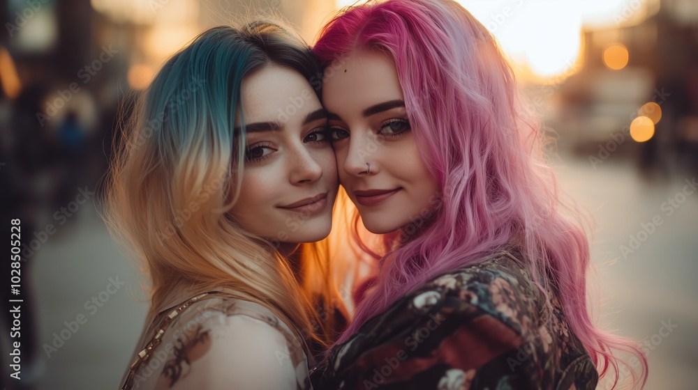 Obraz premium Two close transgender friends stand side by side, smiling and embracing each other as the sun sets behind them, highlighting their joyful connection and vibrant hairstyles