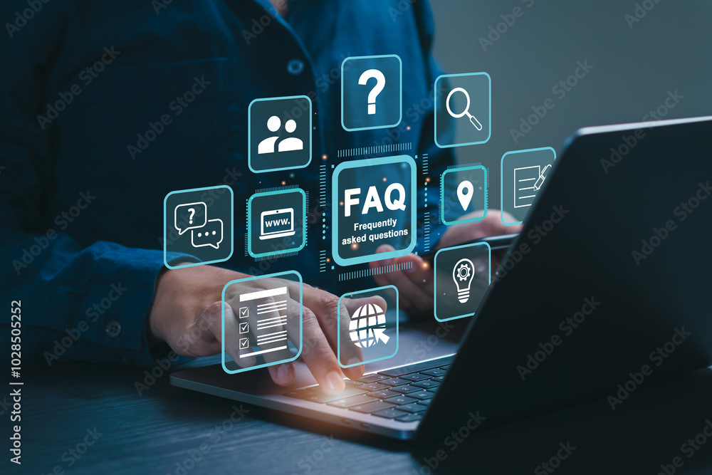 © Antony Weerut - FAQ, frequently asked questions concept. Businessmen answer customer questions online, and Q and A. Online service gives quick answers. asked questions and answers. Q and A. Question mark.