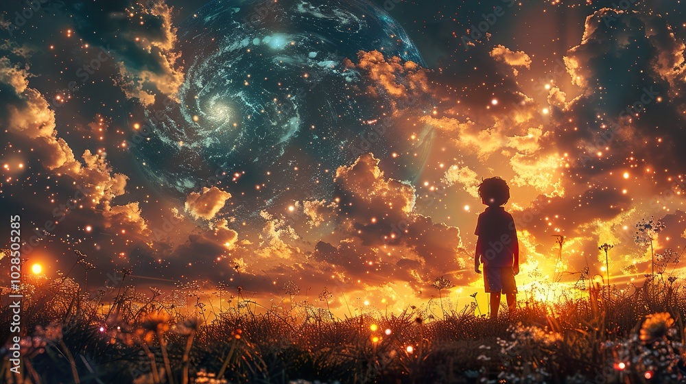 A Child Gazing at the Cosmic Sky - Dreamy Fantasy Art A Child Gazing at the Cosmic Sky - Dreamy Fantasy Art
