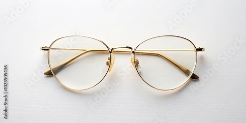 Gold rimmed eyeglasses on white table