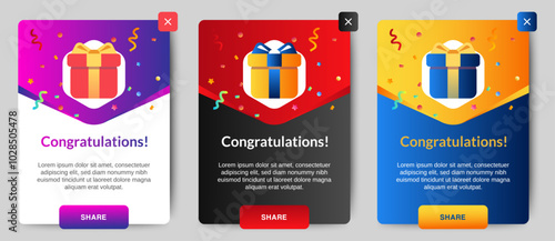 Congratulations flash message ui design template. banner pop up banner notification. vecto