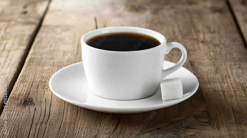 A cup of classic black coffee, placed on a white saucer with a single sugar cube on the side, isolated on a rustic wooden background with subtle steam details A cup of classic black coffee, placed on a white saucer with a single sugar cube on the side, isolated on a rustic wooden background with subtle steam details