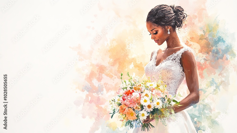 An Elegant Bride Holding a Beautiful Floral Bouquet Rendered in a Soft Watercolor Style An Elegant Bride Holding a Beautiful Floral Bouquet Rendered in a Soft Watercolor Style